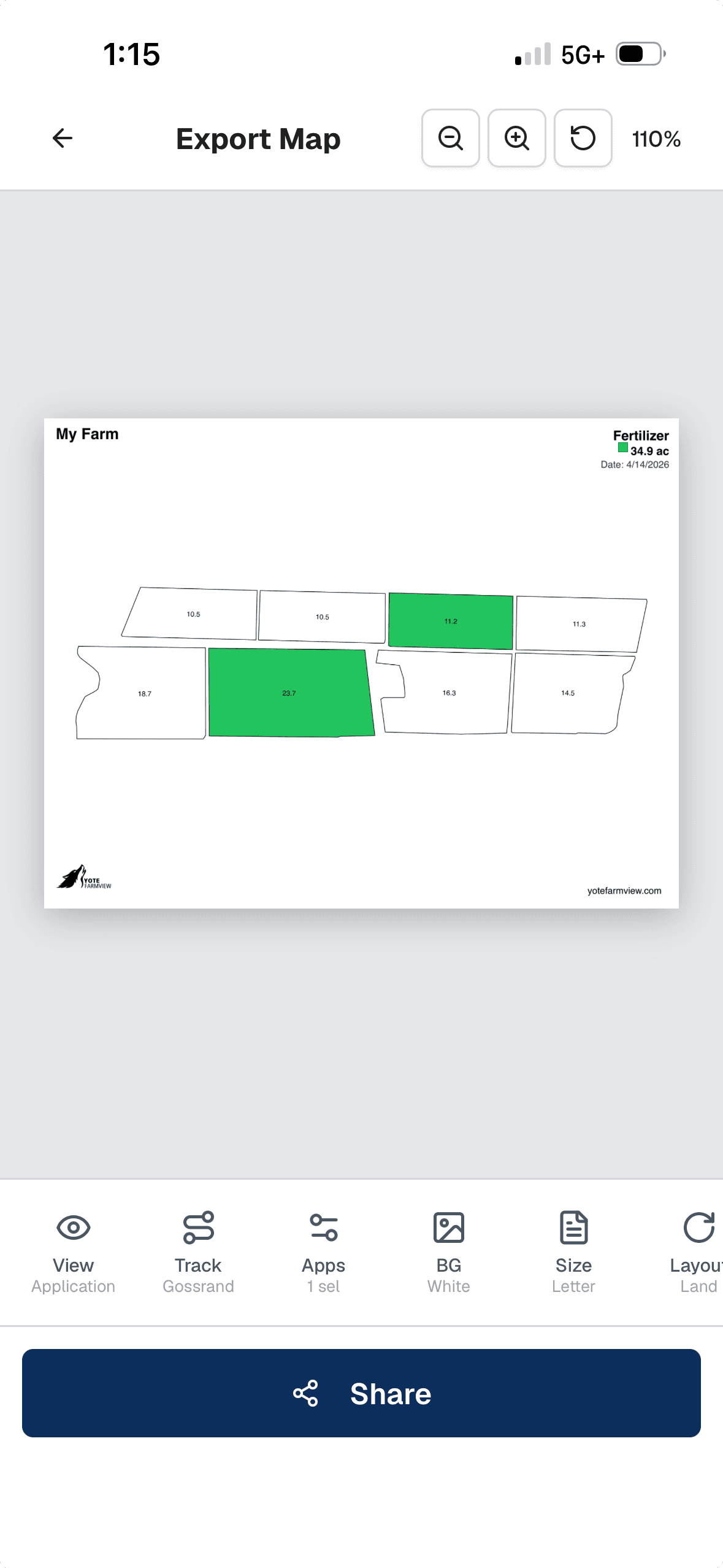 Yote Farmview export map PDF preview with Share button