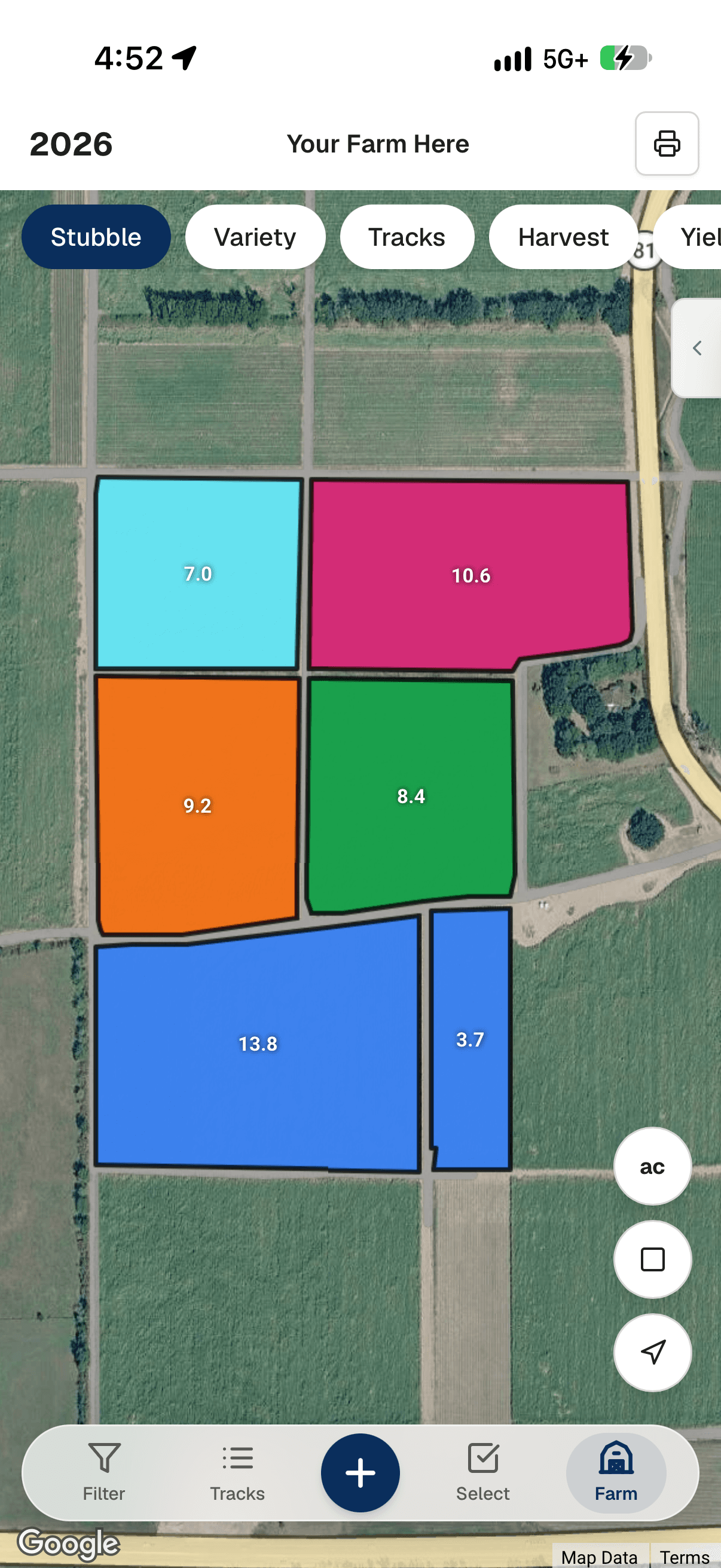 App Yote Farmview mostrando un mapa de lotes de caña por colores