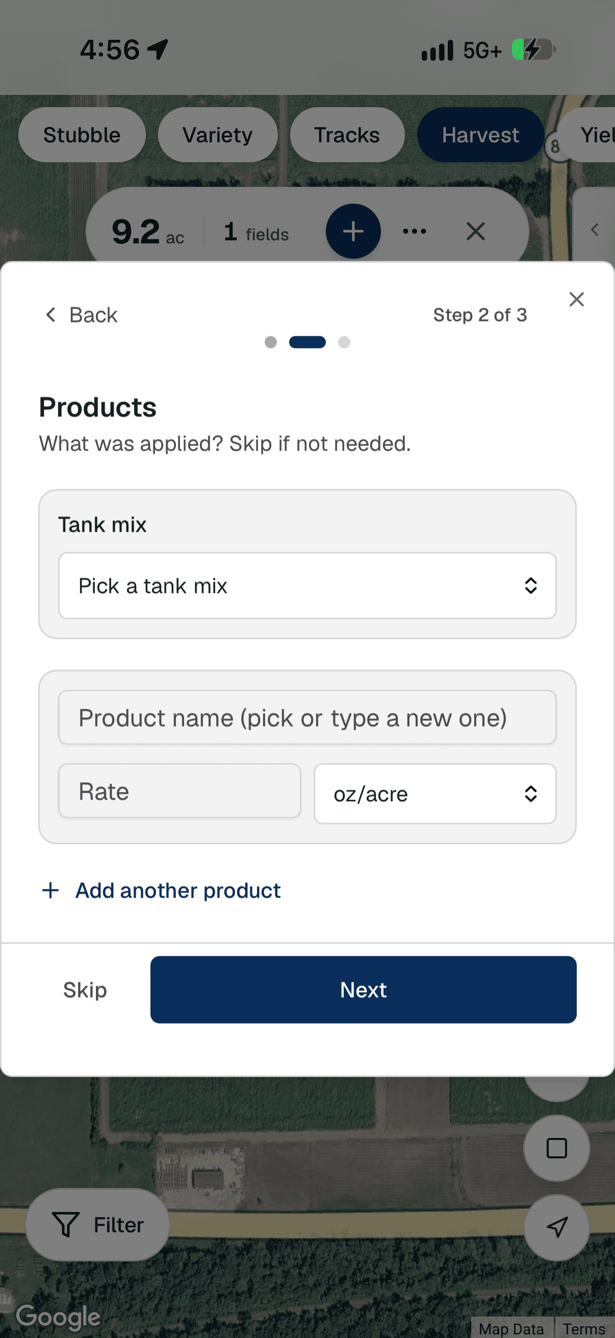 Registro de aplicación en Yote Farmview — productos, dosis y unidades