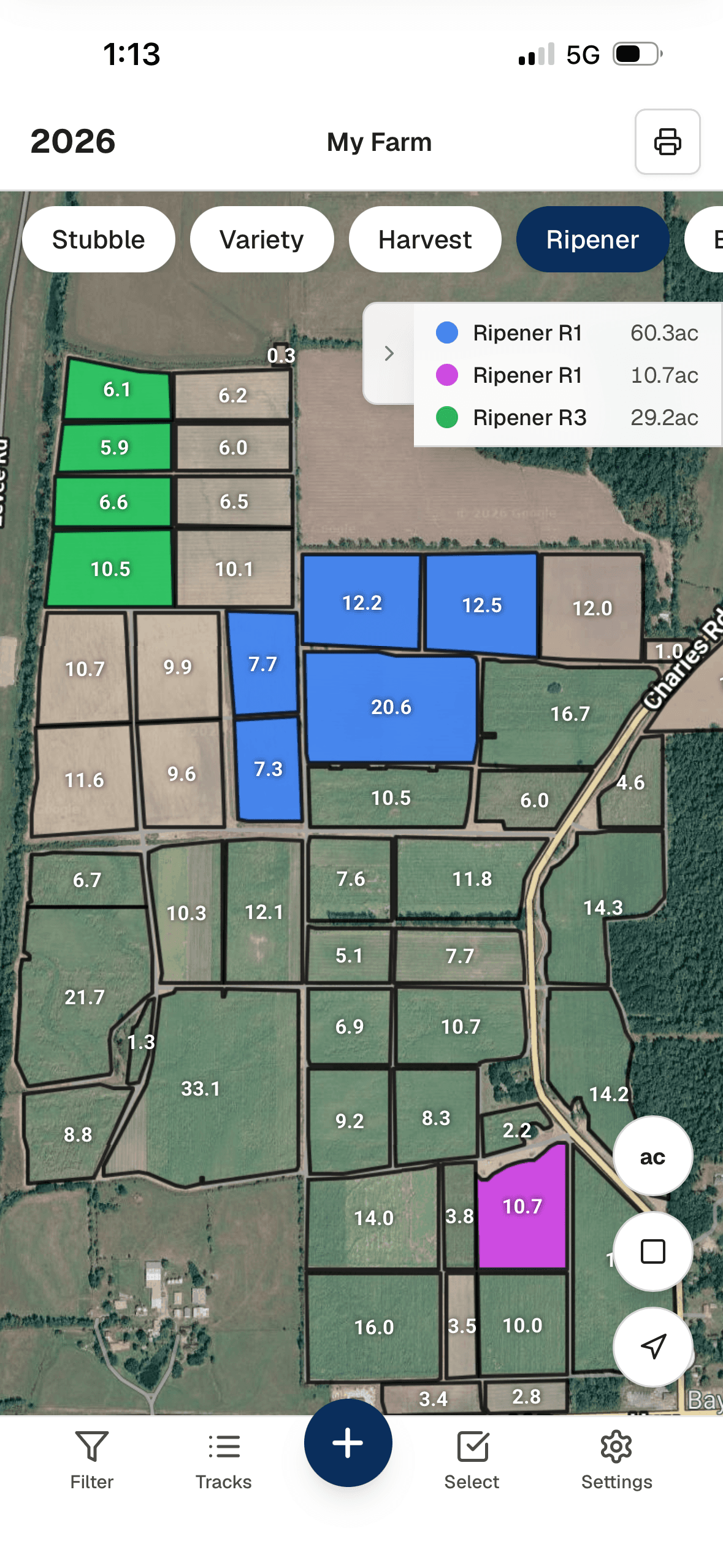 Yote Farmview ripener color-coded map with legend