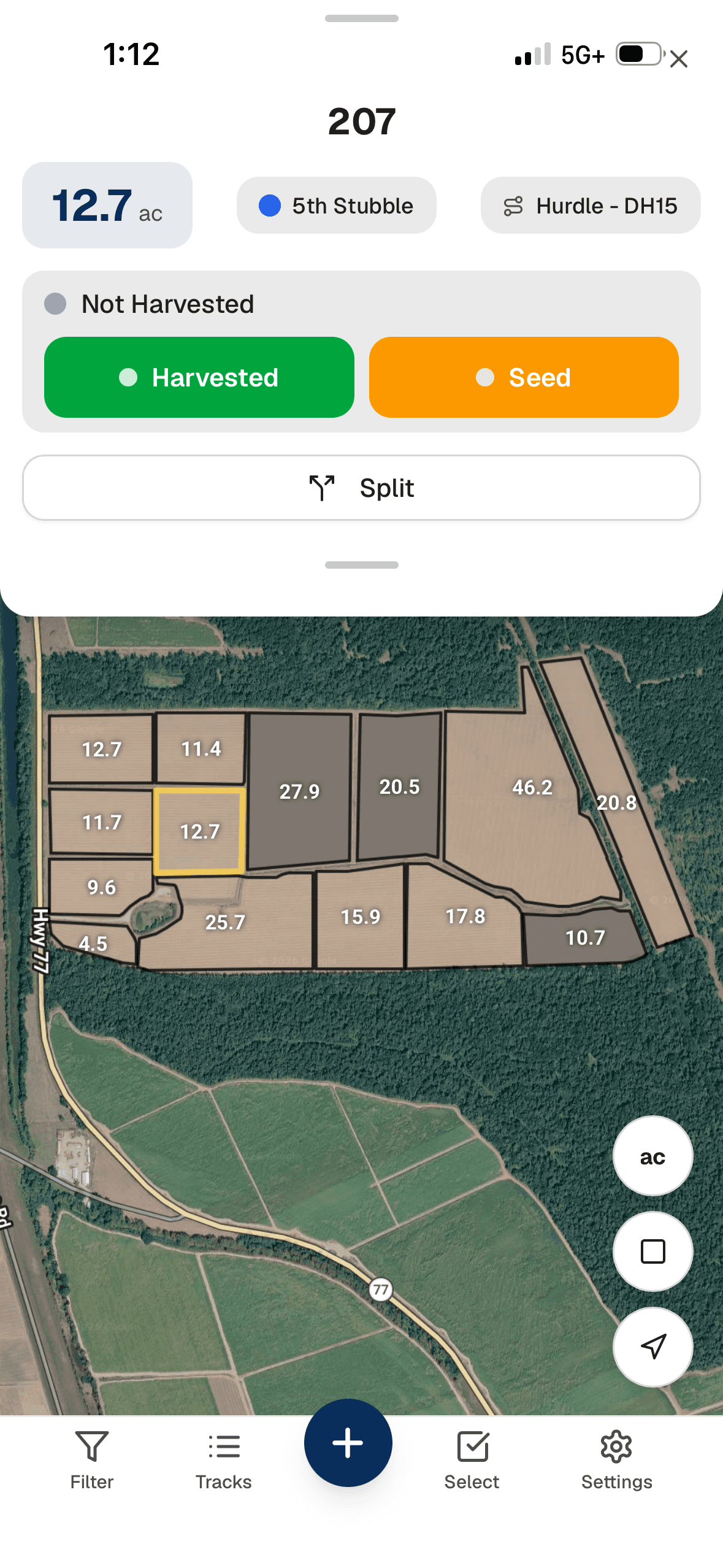 Yote Farmview field showing seed cane harvest status tracking