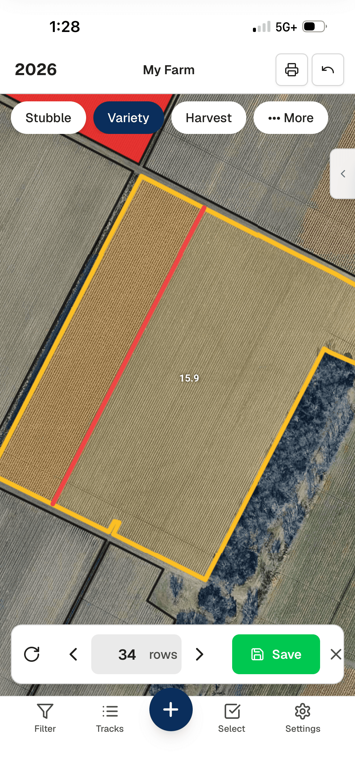 Yote Farmview splitting a field by row count with variety view active