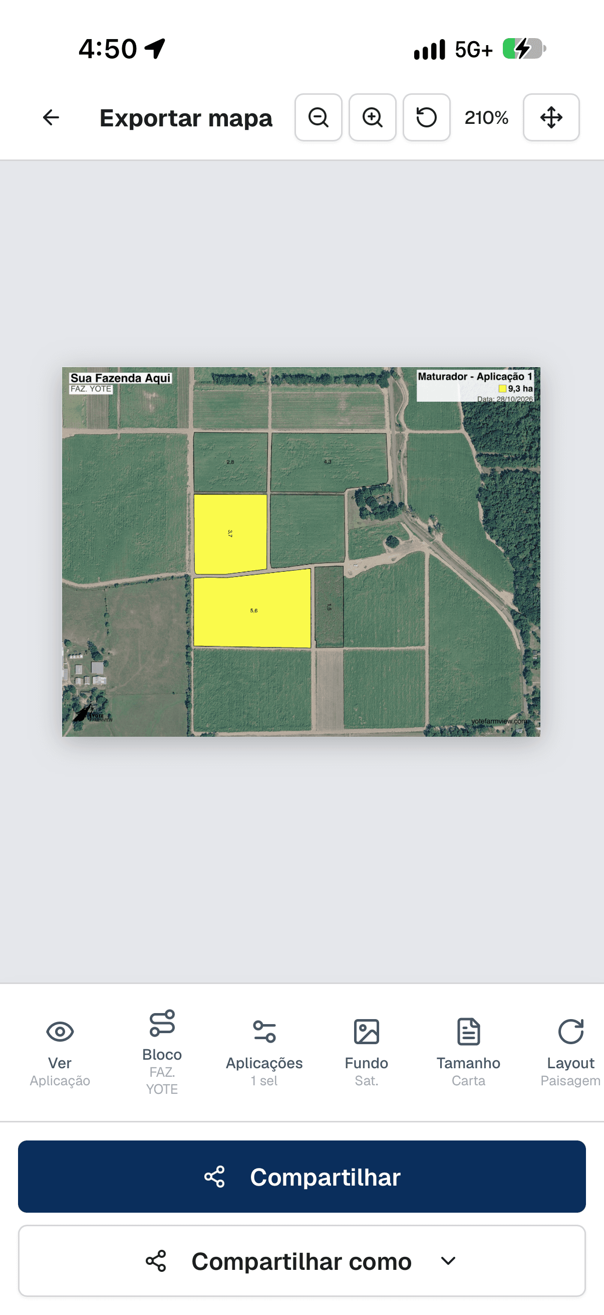Prévia do mapa exportado em PDF no Yote Farmview, com o botão de compartilhar